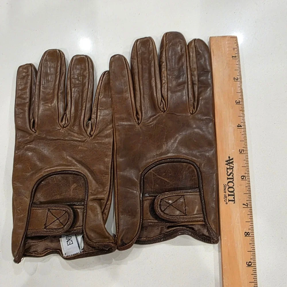 AUTHENTIC Emporio Armani Leather Gloves Amber Brown Women's Size L Lambskin Rich